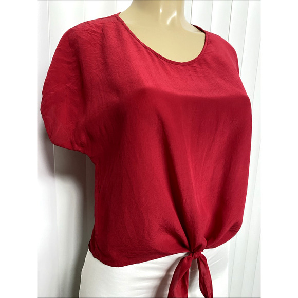 Celine Red Silk Top Blouse Front Tie Knot Round Neck Short Sleeve Italy S - Picture 3 of 8